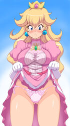 1girls ass_visible_through_thighs big_breasts blonde_hair blue_background blue_eyes blush bow bow_panties breasts brooch clothed clothing cougar1404 crown dress dress_lift earrings elbow_gloves female female_only gloves gown gradient_background lifted_by_self long_hair looking_down mario_(series) nintendo panties pink_dress pink_panties princess princess_peach simple_background solo source_request standing sweat thick_thighs thighs underwear upskirt