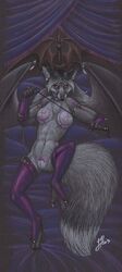 anthro breasts canine claws clothed clothing detailed_background female female_only fur genitals grey_fur laying_down linsey_huish nipples on_back partially_clothed pussy sidian vagina wolf