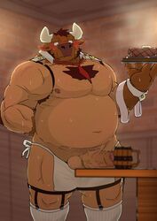 2020 anthro apron araiguma_11 balls belly blush bodily_fluids bovid bovine brown_body brown_fur cattle clothing erection food fur genitals humanoid_genitalia humanoid_hands humanoid_penis kemono male male_only mammal moobs necktie nipples overweight overweight_male penis solo sweat