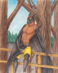 anthro bat black_fur claws clothed clothing detailed_background genitals glasses linsey_huish male male_only open_mouth open_smile orange_fur partially_clothed penis red_hair sidian solo two_tone_fur wings