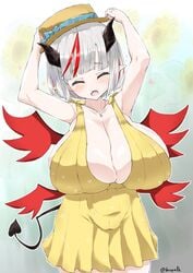 1girls 2019 4_wings ^_^ adjusting_hat adjusting_headwear armpits arms_up artist_name bangs bea_(adfhbcf4326) black_horns black_tail blush bob_cut bow breast_squish breasts breasts_bigger_than_head clavicle cleavage closed_eyes clothing collarbone cute demon_girl demon_horns demon_tail demon_wings double_wings dress eyebrows_visible_through_hair fangs female female_only flower full_cleavage happy hat heart heart_necklace highlights highres horns huge_breasts inguinal_ligament necklace open_mouth original outdoors overflowing_breasts pale-skinned_female pale_skin plant pleated_dress pointy_ears red_highlights red_wings ribbon ridged_horns short_hair sideboob signature silver_hair skin_fang skindentation small_but_busty smiling soft_breasts solo spade_tail standing succubus sunflower tail thighs tongue twitter_username wings yellow_dress