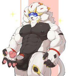 abs anthro bara beard bulge clothing doodledaeng facial_hair genital_outline hair hi_res legendary_pokémon male male_only male_pokemon mane mane_hair muscular muscular_anthro muscular_male muscular_thighs nintendo nipples pawpads pecs penis_outline pokémon_(species) pokemon solgaleo solo thong underwear unholy video_games