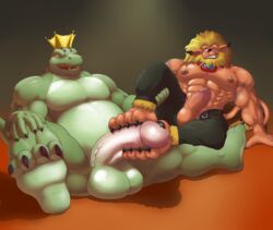 absurd_res anthro balls big_balls big_penis bottomwear clothed clothing crocodile crocodilian crocodylid crown digimon digimon_(species) duo feet felid foot_fetish foot_play footjob gay genitals hi_res huge_cock huge_filesize leomon lion male male/male male_only mammal open_bottomwear open_clothing open_pants pantherine pants penis reptile scalie sex x-zudomon yaoi