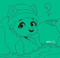 anthro breasts canid canine canis clothing domestic_dog everest_(paw_patrol) female fur green_background hat headgear headwear hi_res hot_spring husky looking_at_viewer mammal monochrome nordic_sled_dog nude paw_patrol smile solo spitz steam trc001 water