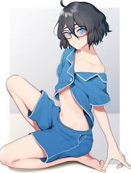 1boy artist_self-insert clothing collarbone femboy girly glasses kusi_zaki kusi_zaki_(character) male male_only midriff pajamas shirt_unbuttoned shorts solo trap virtual_youtuber