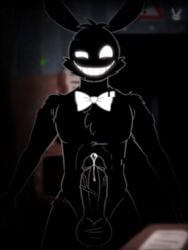 animatronic anthro big_penis black_fur bowtie five_nights_at_freddy's five_nights_at_freddy's_2 fluffy glitching grin hornbunxx humanoid_penis looking_at_viewer male male_only precum precum_drip rabbit shadow_bonnie solo veiny_penis white_eyes