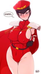 1girls belt black_hair blush breasts cameltoe cape cosplay covered_nipples crossed_arms elbow_gloves fatelogic female fingerless_gloves frown gloves hat highleg highleg_leotard large_breasts leotard looking_at_viewer m_bison nail_polish peaked_cap red_eyes red_leotard red_nails rule_63 shoulder_pads simple_background skin_tight solo street_fighter white_background