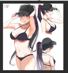 1girls asymmetrical_bangs bangs baseball_cap bikini black_bikini black_hair blue_headwear blush breasts earrings female fire_emblem fire_emblem:_the_blazing_blade glory_emblem hat high_ponytail jewelry large_breasts long_hair looking_at_viewer lyn_(fire_emblem) multiple_views ormille ponytail purple_eyes smile swimsuit thighs wendy_(glory_emblem) white_background