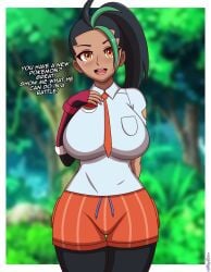 1girls 2d black_hair black_legwear blush breasts brown_eyes brown_skin clothing dark-skinned_female dark_skin dialogue english_text female hips huge_breasts human legs_together long_hair long_ponytail looking_at_viewer massive_breasts migi_rider mind_control nemona_(pokemon) nintendo open_mouth pokemon pokemon_sv ponytail school_uniform schoolgirl shirt smile text thick_thighs thighs white_shirt wide_hips