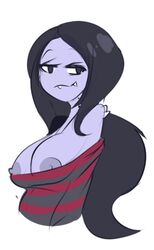 1girls adventure_time areolae bhloopy bite_mark black_eyes black_hair breasts cleavage fangs grey_skin marceline nipples off_shoulder ponytail vampire white_background