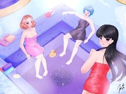 3girls amagi_yukiko areola_slip bathhouse black_hair black_towel blue_hair brown_hair female female_only fuuka_yamagishi haru_okumura megami_tensei multiple_girls nipple_slip persona persona_3 persona_4 persona_5 pink_towel red_towel sauna shin_megami_tensei towel yamagishi_fuuka