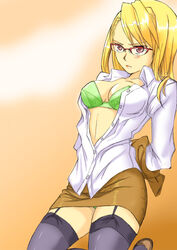 1girls black_stockings blonde_hair bra button_down_shirt cleavage female female_focus female_only fullmetal_alchemist garter_straps glasses green_bra green_panties jacket_removed kneeling open_shirt panty_peek pencil_skirt red_eyes riza_hawkeye shirt_unbuttoned skirt skirt_suit stockings thighhighs tight_skirt upskirt white_shirt yellow_skirt