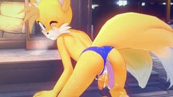 1boy 3d anthro cum double_dildo femboy furry fusionxglave hi_res male male_only simple_background sissy solo sonic_(series) speedo tails