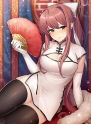 1girls alternate_costume blush boob_window bow breasts brown_hair chinese_dress cleavage cleavage_cutout clothing colored doki_doki_literature_club elbow_gloves female green_eyes hair_ribbon hairbow hand_fan leaning leaning_back legs_together light-skinned_female light_skin long_hair looking_at_viewer monika_(doki_doki_literature_club) pale-skinned_female pale_skin pantsu_majirou ponytail pov pov_eye_contact ribbon smile smiling solo solo_female thick thick_thighs thighhighs thighs white_bow white_dress white_ribbon wholesome