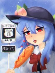 1940 1977 1girls ahe_gao blue_hair blue_sky corndog day drool drooling facing_viewer fellatio_gesture heart hearts_around_head holding_food holding_object lad_der looking_at_viewer meme outdoors peach_(fruit) rachelultrakill red_eyes road_sign route_66 solo spit suggestive suggestive_food suggestive_look tenshi_hinanawi touhou