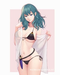 alternate_costume bare_legs belly belly_button bikini black_swimsuit blue_eyes byleth_(fire_emblem) byleth_(fire_emblem)_(female) dagger dakkalot fire_emblem fire_emblem:_three_houses knife large_breasts lips looking_at_viewer medium_hair navel nintendo partially_visible_vulva see-through see-through_clothing sideboob small_bikini smile string_bikini swimsuit teal_hair underboob veil