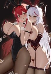 2girls aegir_(azur_lane) animal_ears areola_slip azur_lane bare_shoulders between_breasts black_horns black_leotard black_pantyhose bow bowtie breasts cleavage covered_navel covered_nipples curled_horns demon_girl demon_horns elbow_gloves fake_animal_ears female garter_straps gloves grabbing grabbing_another's_breast hair_between_eyes hair_on_horn heart_pasties highres hindenburg_(azur_lane) hindenburg_(delirious_duel)_(azur_lane) horns huge_breasts large_breasts leotard long_hair looking_at_viewer maebari multicolored_hair navel ningri_(lianyungangwyz) nipple_tweak official_alternate_costume pantyhose pasties playboy_bunny pointy_ears rabbit_ears red_eyes red_hair solo star_pasties streaked_hair thighhighs torn_clothes torn_pantyhose two-tone_hair very_long_hair white_hair yellow_eyes