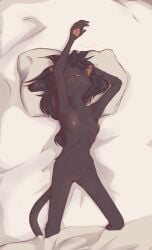 8_nipples anthro bed black_body black_fur black_hair breasts cdt2s domestic_cat eyes_closed felid feline felis female fur furniture hair hi_res long_hair lying mammal multi_nipple nipples nude nude_female on_back on_bed pawpads pink_pawpads skinny smile snowflake_(cdt2s) solo whiskers