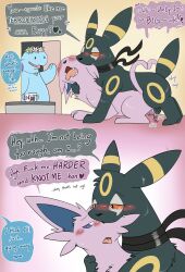 absurd_res bandanna_on_neck blue_body blue_scales blush dialogue dogs_in_love_(jelloapocalypse) duo eeveelution english_text espeon espeon_(dogs_in_love) feral feral_on_feral gay generation_2_pokemon hi_res interspecies male male/male nakadashimashta nintendo on_top pokemon pokemon_(species) quagsire scales sex talking_feral text umbreon umbreon_(dogs_in_love) walk-in