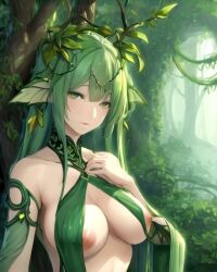 ai_generated forest forest_background green_eyes green_hair nipples original_character plants spring trees vines