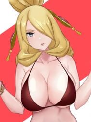 1girls alternate_costume alternate_hairstyle big_breasts blonde_hair champion cynthia_(pokemon) eye_contact female grey_eyes huge_breasts kazukine large_breasts looking_at_viewer nintendo pale-skinned_female pale_skin pokemon pokemon_dppt pokemon_masters pokemon_masters_ex sygna_suit_cynthia