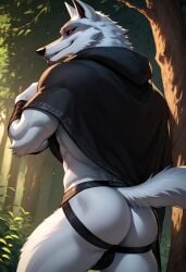 ai_generated anthro anthro_male ass back biceps blush cloak death_(puss_in_boots) dreamworks furry gay jockstrap jockstrap_only looking_at_viewer looking_back male male_only muscular muscular_male nude_male puss_in_boots_(dreamworks) puss_in_boots_the_last_wish red_eyes shrek_(series) smile toned_body toned_male twall97 white_fur wolf