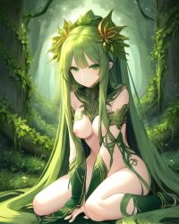 ai_generated female female_focus female_only flowers forest forest_background green_eyes green_hair looking_at_viewer original_character spring trees vines