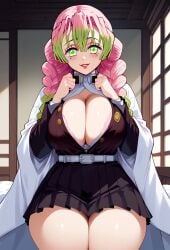 ai_generated bare_thighs braided_ponytail demon_slayer gigantic_breasts green_eyes huge_breasts huge_thighs kanroji_mitsuri kimetsu_no_yaiba light-skinned_female light_skin livefrog looking_at_viewer massive_breasts multicolored_hair pink_hair shounen_jump smiling solo_female squatting sweat sweatdrop thick_body thick_female thick_thighs thighs voluptuous voluptuous_female