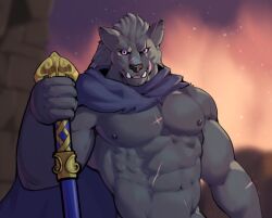 abs anthro blaidd_(elden_ring) bust_portrait canid canine canis cloak_only elden_ring eye_scar facial_scar fangs fromsoftware fur gay grey_body grey_fur grey_hair hair hi_res jrjresq looking_at_viewer male mammal melee_weapon muscular muscular_anthro muscular_male notched_ear obliques pecs portrait purple_eyes scar shirtless sky solo sword teeth weapon wolf