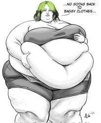 1girls bbw belly big_belly big_breasts billie_eilish breasts celebrity cleavage dialogue fat female green_hair multicolored_hair obese overweight ray_norr real_person solo text thunder_thighs two_tone_hair weight_gain wide_hips