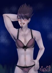 akyuu666 beard blue_background blush bow_bra bow_panties bra bulge danganronpa danganronpa_v3 digital_media_(artwork) hand_on_head hand_on_hip hands_behind_head kaito_momota male male_only momota_kaito panties purple_eyes purple_hair simple_background smile smooth_skin underwear