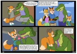 age_difference alligator anthro ass ass_grab babysitter compfive cub fox_boy fox_girl halcyonwinter looking_at_genitalia looking_away looking_down panties paws size_difference socks tee_shirt young younger_anthro younger_male