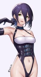 armpit bare_shoulders bondage_outfit chainsaw_man cleavage collar elbow_gloves jurrig leather leather_clothing leather_gloves looking_at_viewer navel reze_(chainsaw_man) skimpy_clothes smiling_at_viewer