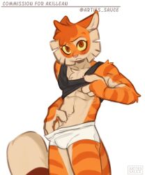 1boy abs anthro arties_sauce_(artist) blush briefs bulge calvin_mcmurray claws commission feline freckle_mcmurray furry lackadaisy lifting looking_at_viewer male male_only nervous orange_eyes orange_fur stripes tabby_cat tail tank_top tank_top_lift underwear undressing