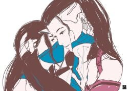 2d 2girls almost_kissing armor black_hair caressing clone clonecest edenian eye_contact female female_only fully_clothed imminent_kiss incest intimate kissing kitana kiteena lesbian long_hair masked_female mileena mortal_kombat mortal_kombat_1_(2023) playing_with_hair ponytail princess randomaccesspiece royalty sisters straddling touching_face yuri