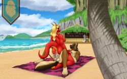 absurd_res animal_humanoid anthro anus balls beach blonde_hair bodily_fluids brown_body brown_fur canid canine canis cowgirl_position cum cum_in_pussy cum_inside detailed_background domestic_dog dragon dragon_humanoid female from_front_position fur genital_fluids genitals german_shepherd goatykai hair herding_dog hi_res huge_filesize humanoid male male/female mammal muscular muscular_female muscular_male nude_female nude_male on_bottom on_top pastoral_dog penetration red_dragon seaside sex straight vaginal_penetration