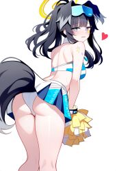 1girl 1girls ai_generated black_hair blue_archive blush_lines blushing cheerleader_costume cheerleader_outfit cheerleader_uniform cheerleading_uniform dog_ears dog_girl dog_tail engineering_department_(blue_archive) halo hibiki_(blue_archive) hibiki_(cheerleader)_(blue_archive) highres long_hair looking_at_viewer looking_back millennium_cheerleader_outfit_(blue_archive) millennium_science_school_student pom_pom_(cheerleading) ponytail short_skirt solo solo_female solo_focus yellow_halo