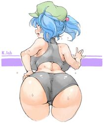 big_ass big_butt blue_hair curvy hat huge_ass huge_butt looking_back nitori_kawashiro sachito sweat sweatdrop touhou twintails underwear