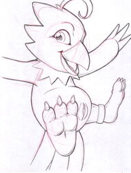 avian beak bird biyomon claws digimon digimon_(species) feather_tuft feathers feet female flying genitals happy marc_leonhardt monochrome open_mouth paws pussy semi-anthro solo tail_feathers toe_claws toes tongue tuft wings