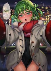 1girls blush coat curly_hair fair6805 green_eyes green_hair looking_at_viewer mittens one-punch_man pov rkrk12 scarf solo solo_female tatsumaki text wholesome