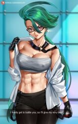 1girls abs bandage bare_shoulders clothed clothing color elite_four english_text enmanuelart20 female female_focus female_only game_freak glasses gloves green_hair hi_res jewelry long_hair looking_at_viewer muscular muscular_female nintendo nipples_visible_through_clothing pokeball pokemon pokemon_sv pokemon_trainer red_eyes rika_(pokemon) sarashi solo sweat tagme teal_hair text thick_thighs undressing