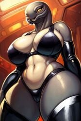 1girls ai_generated alien alien_girl anthro big_breasts black_bra bra breasts bungie clothing female female_only female_sangheili grey_body grey_skin halo_(game) halo_(series) latex latex_armwear latex_stockings latex_thighhighs only_female sangheili sangussy skimpy solo solo_female thick_thighs thighhighs thighs yellow_eyes