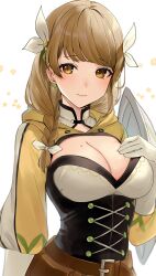 1girls braid breasts brown_eyes brown_hair cleavage commentary_request corset female female_only fire_emblem fire_emblem_engage gloves goldmary_(fire_emblem) hair_ribbon haru_(nakajou-28) highres large_breasts long_hair long_sleeves nintendo ribbon shrug_(clothing) solo upper_body white_background white_gloves white_ribbon