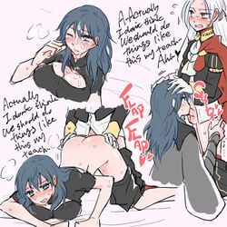 1futa 1girls all_fours ambiguous_penetration ass ass_up big_testicles blue_eyes blue_hair blush byleth_(fire_emblem) byleth_(fire_emblem)_(female) cleavage cum cum_on_face dialogue edelgard_von_hresvelg english_text face_down_ass_up fellatio female fire_emblem fire_emblem:_three_houses futanari hand_on_ass large_breasts long_hair nagasawa_(tthnhk) nintendo pants pants_down purple_eyes sex student teacher teacher_and_student text top-down_bottom-up white_hair