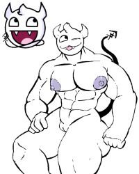 2023 abs awesome_face cuntboy cuntboy_only demon_horns demon_tail digital_media_(artwork) epic_face intersex large_areolae male male_only muscular muscular_male nipples pecs reference_image sharp_teeth silly thick_thighs tongue_out yuckyalternate