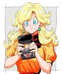 ai_generated background blonde_hair cellphone cum_on_face dragon_ball object wavy_hair