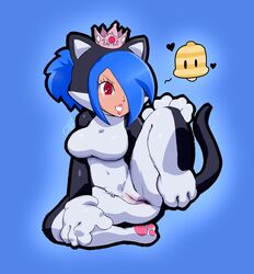 anus blue_hair cat_suit cosplay crown domestic_cat felid feline felis female genitals hair hi_res human humanoid jay_nator_(character) jaynatorburudragon mammal mario_(series) nintendo power_up pussy red_eyes solo super_mario_3d_world transformation video_games