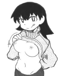 :p azumanga_daiou black_hair breasts breasts_out fukutoad medium_breasts medium_hair shirt_lift smirk sweater tomo_takino white_background