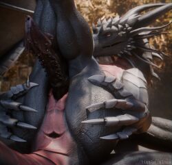 anus arceronth_(character) ass bodily_fluids dragon dripping erection european_mythology feral genital_fluids genitals hi_res legs_up littleslice-sfm looking_at_viewer lying male mythological_creature mythological_scalie mythology on_back penis precum precum_drip presenting scalie solo spread_anus spread_butt spreading tail western_dragon