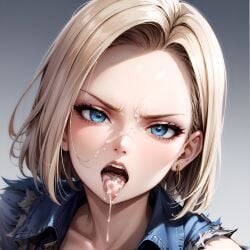 1girls after_deepthroat after_fellatio after_oral ai_generated android android_18 angry angry_face arbitrary blonde_hair blue_eyes bob_cut cum cum_dripping_from_mouth cum_in_mouth cum_on_face cum_out_throat denim denim_jacket dragon_ball dragon_ball_z female grey_background hi_res jacket light-skinned_female medium_hair open_mouth pale-skinned_female petite presenting_mouth presenting_throat seductive_eyes seductive_look seductive_mouth short_hair stable_diffusion throat tongue_out